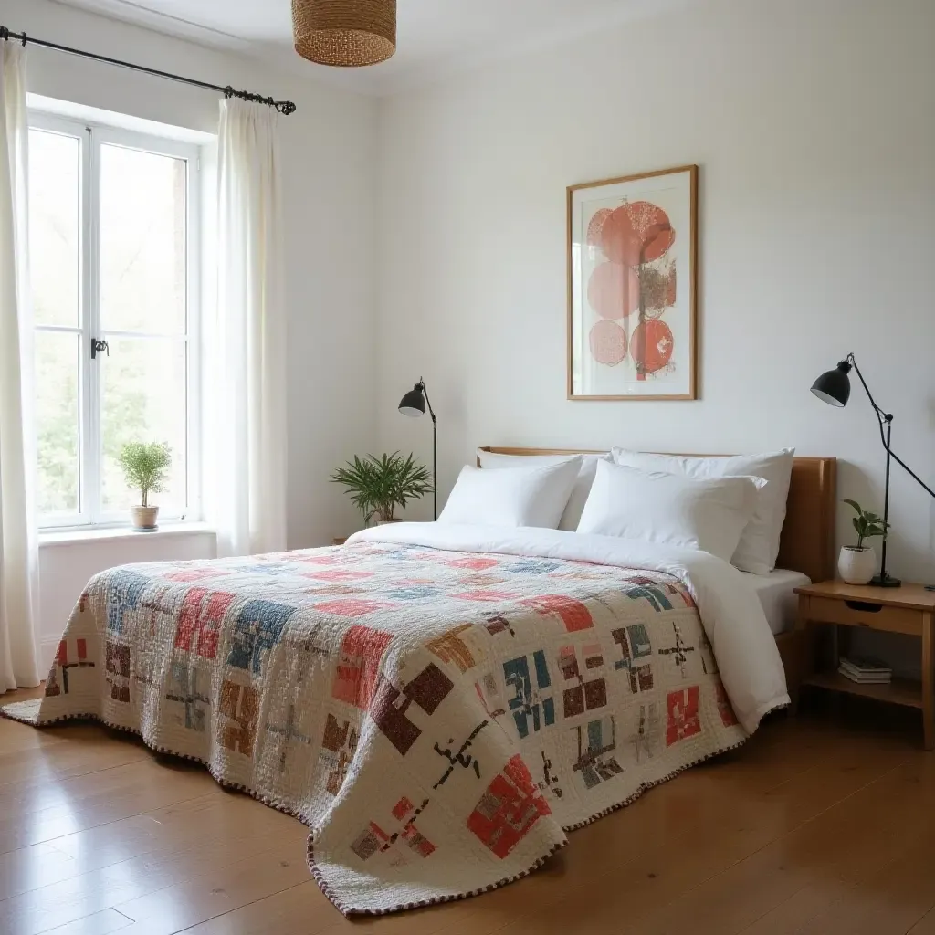 a photo of a bedroom with a handmade quilt on the bed