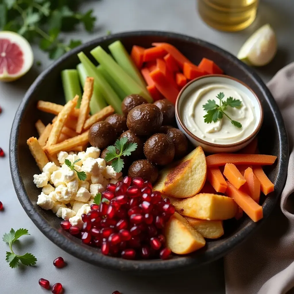 a photo of a modern Greek meze platter with smoked eggplant dip and pomegranate seeds.