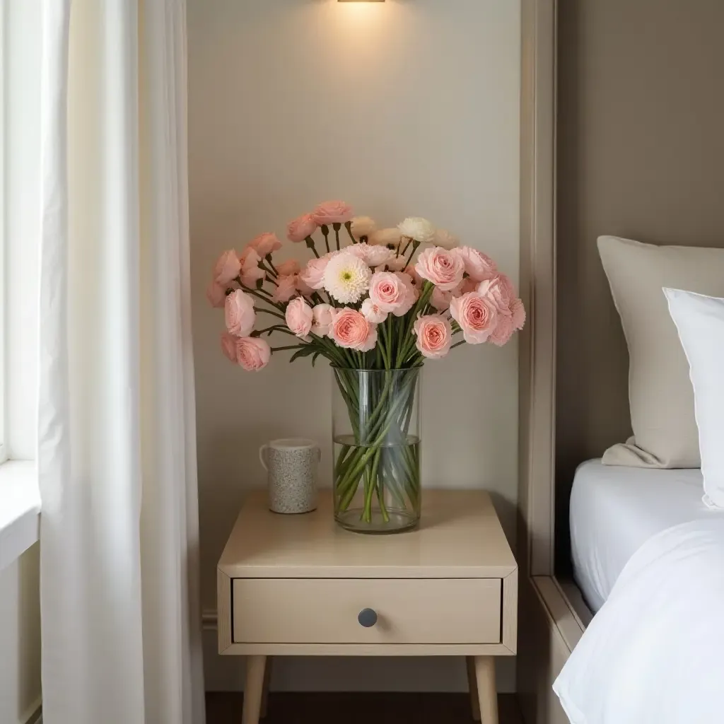 a photo of a chic nightstand featuring a vase of fresh flowers