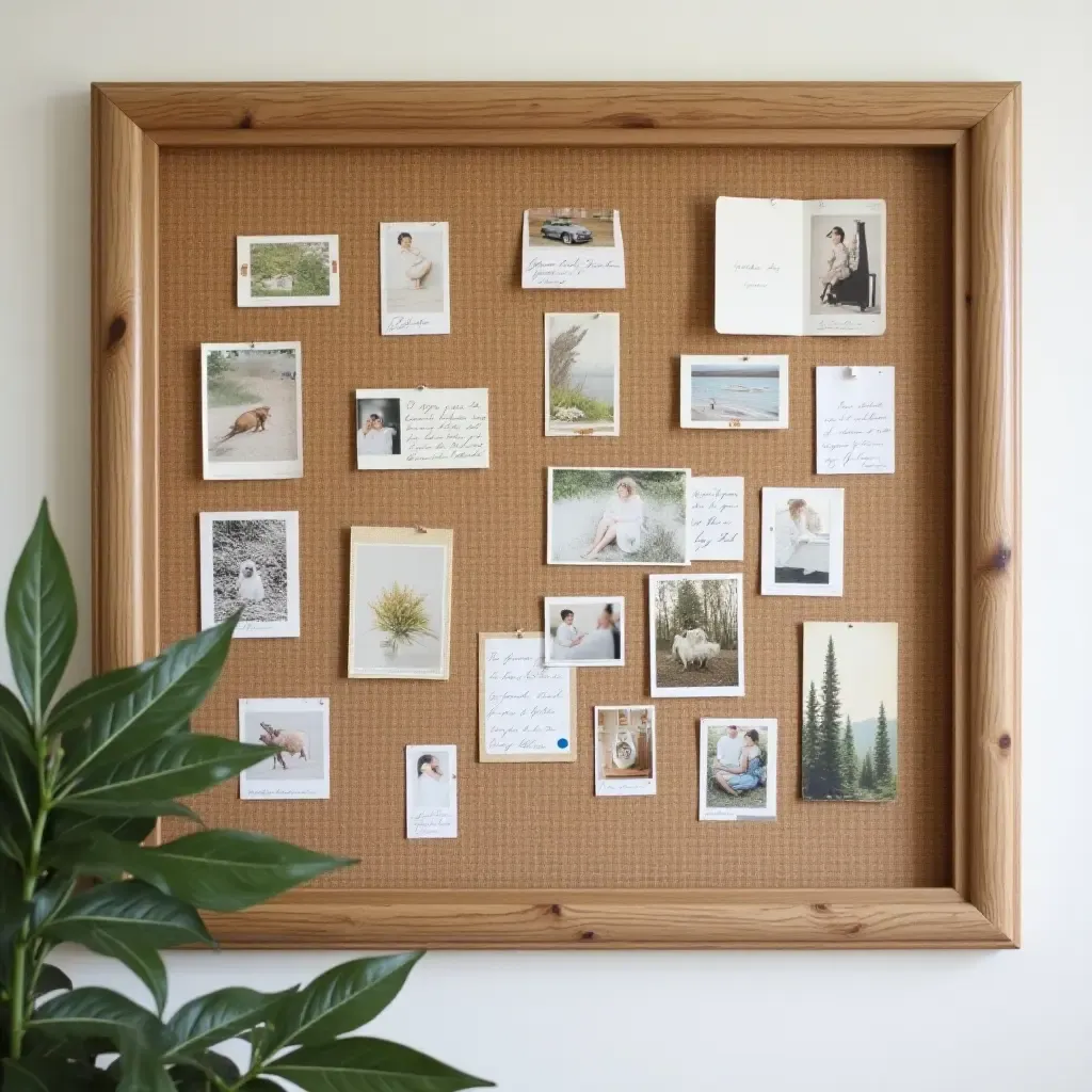 a photo of a farmhouse-style bulletin board with vintage postcards