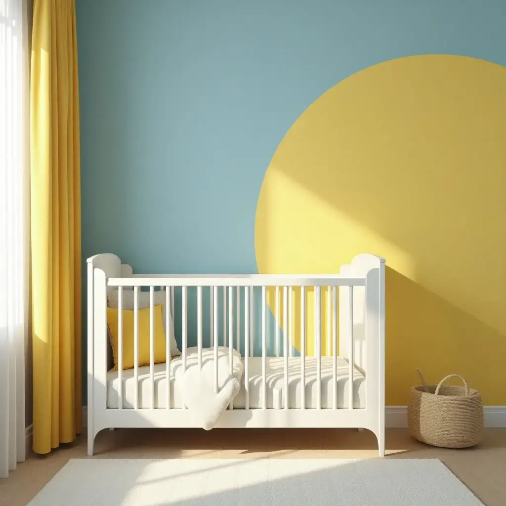 a photo of a nursery with cheerful yellow and calming blue