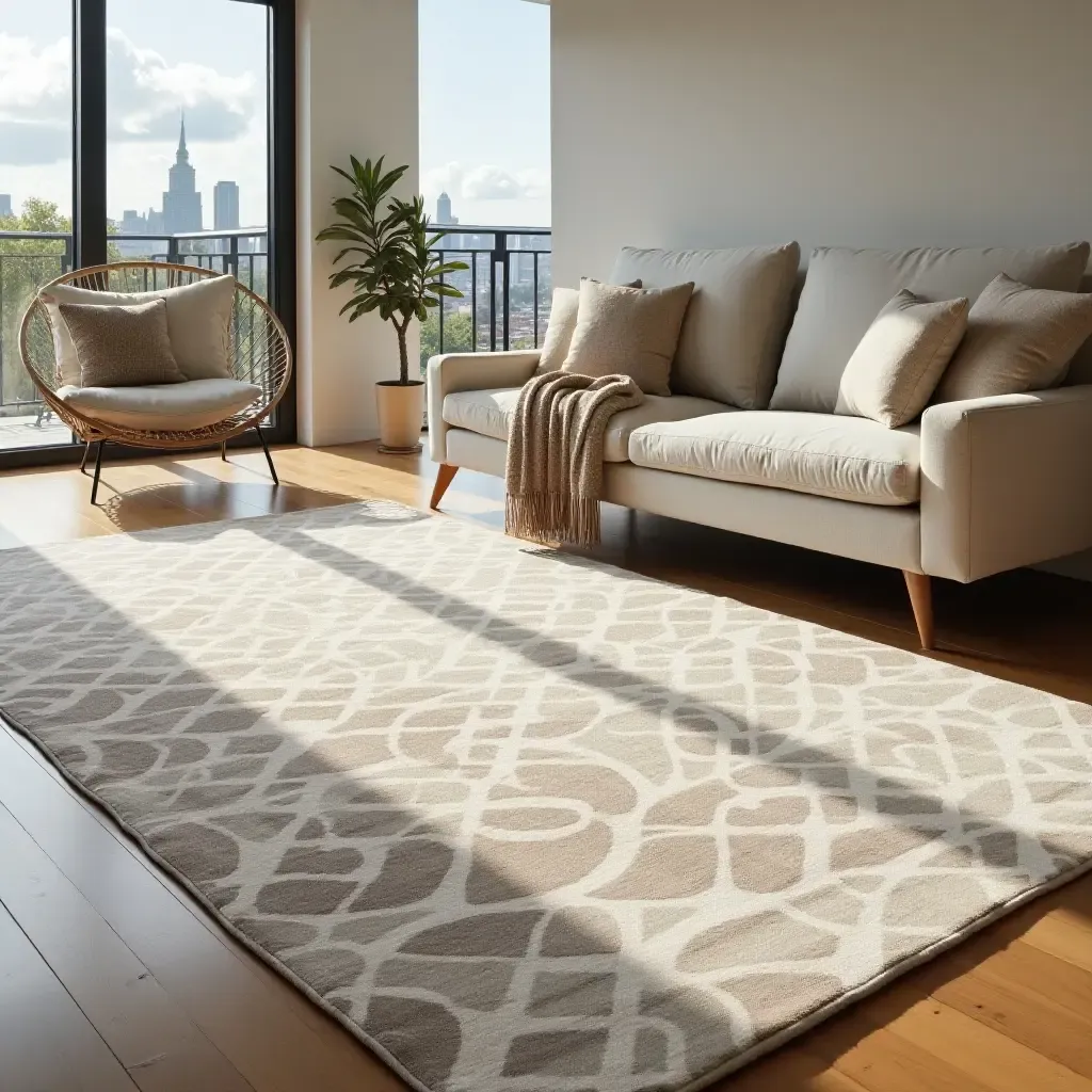 a photo of a large, graphic print rug in a spacious living room