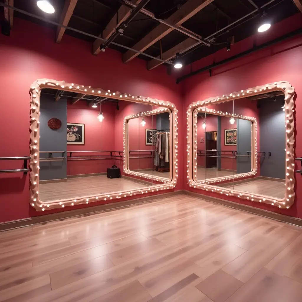 a photo of a basement dance studio with mirrors, soft lighting, and vibrant decor