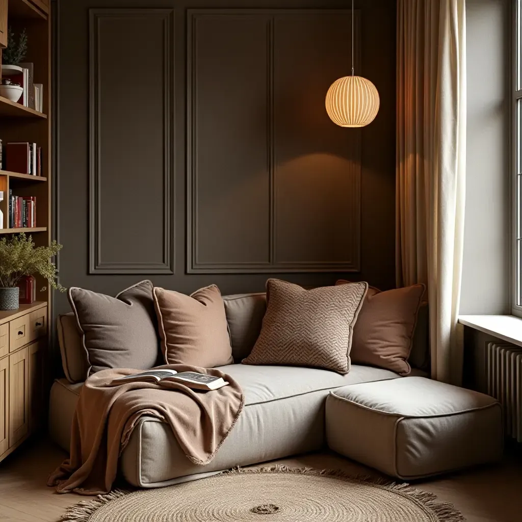 a photo of a reading nook showcasing a blend of textures and fabrics