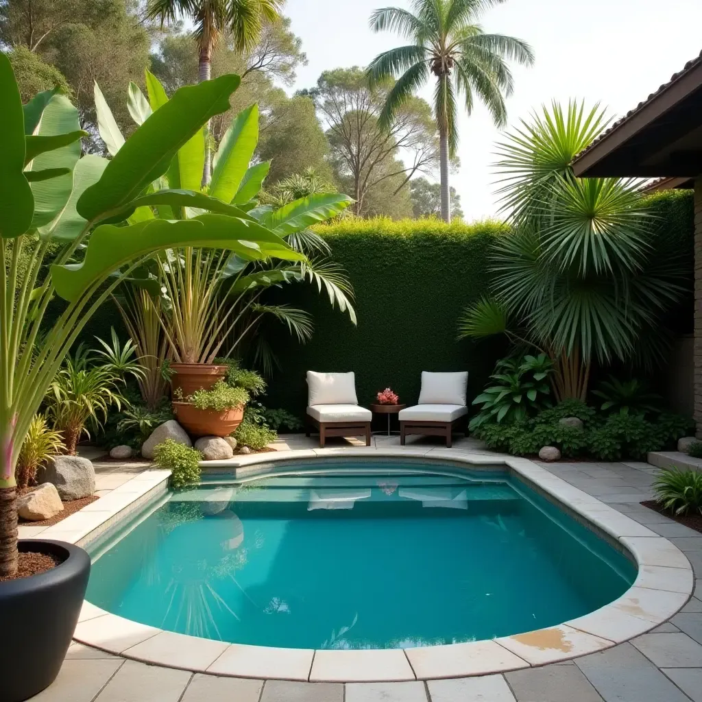 a photo of a backyard oasis with a small pool and tropical plants