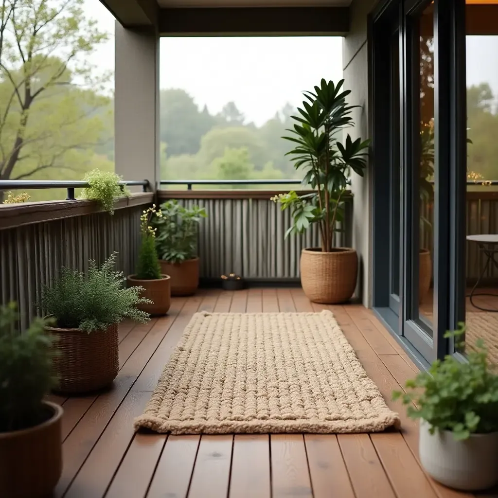 a photo of a balcony with wooden flooring and a cozy rug