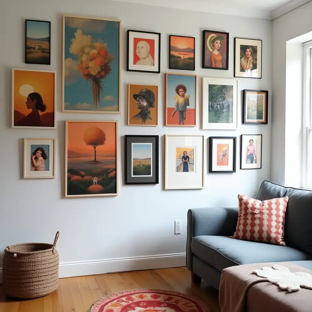 a photo of a vibrant, eclectic gallery wall with personal photos and art