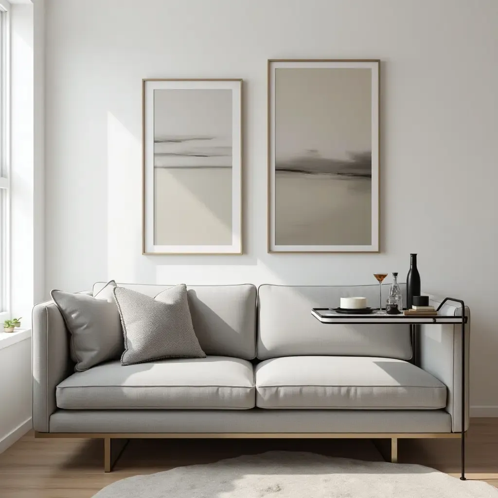 a photo of a grey sofa next to a stylish bar cart and modern art pieces