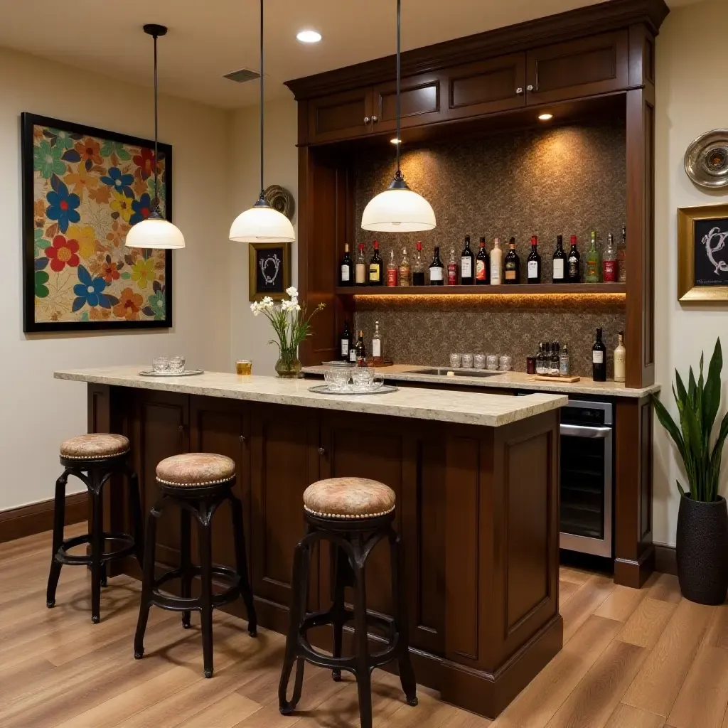 a photo of a personalized basement bar area with upcycled furniture and decor