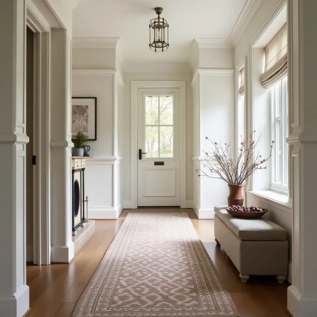 a photo of a sophisticated corridor with a patterned runner and storage ottomans