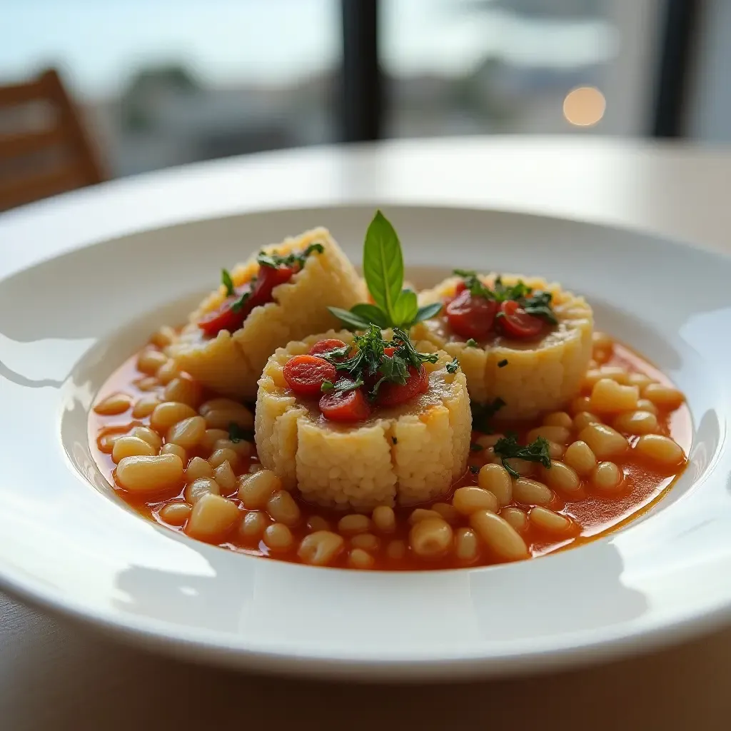 a photo of stuffed calamari with rice and herbs, served on a coastal table