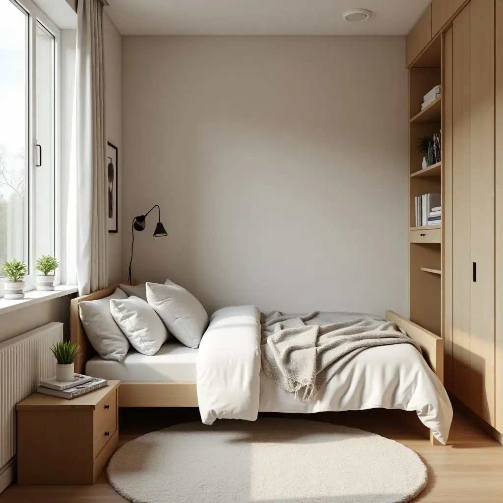 a photo of a small teen bedroom with multifunctional furniture