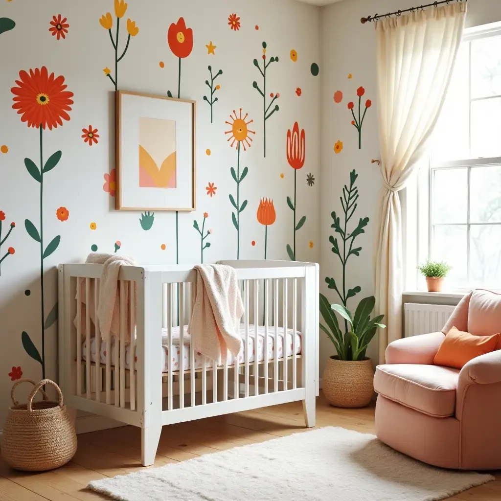 a photo of a nursery with whimsical floral patterns in bright colors