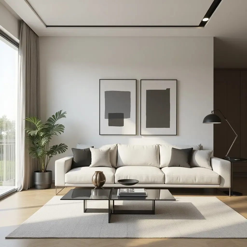 a photo of a sleek living room with a glass coffee table and modern art pieces