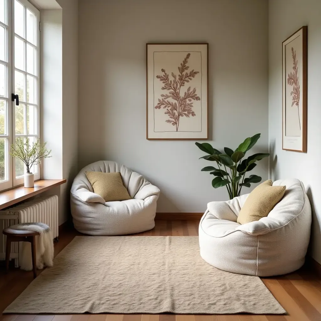 a photo of a reading nook with a cozy rug, bean bags, and wall art