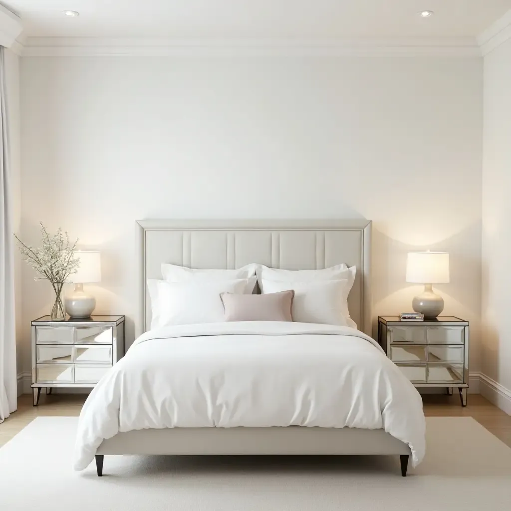 a photo of a serene bedroom with mirrored nightstands and light colors