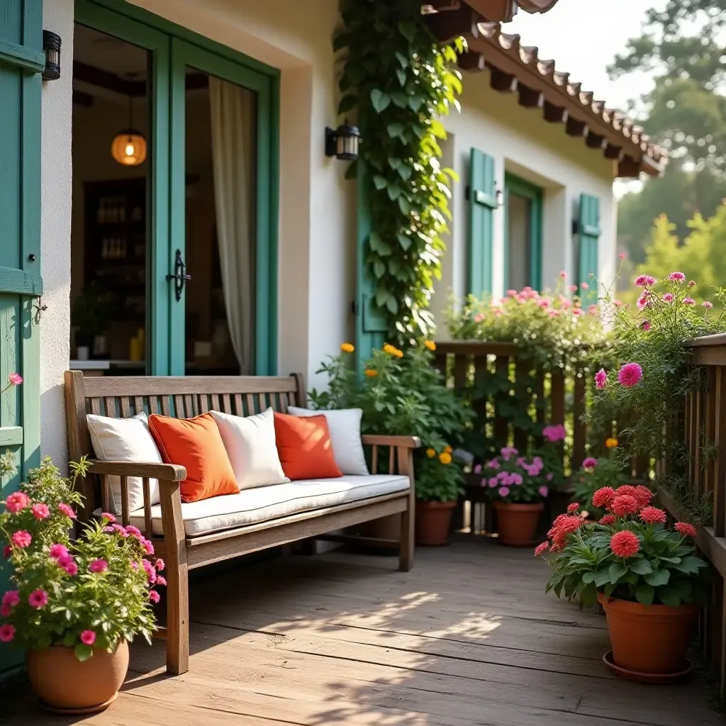 a photo of a balcony with a rustic wooden bench and potted flowers