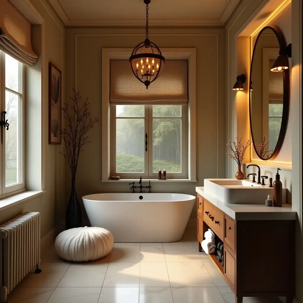 a photo of a bathroom with a cozy reading nook and elegant lighting