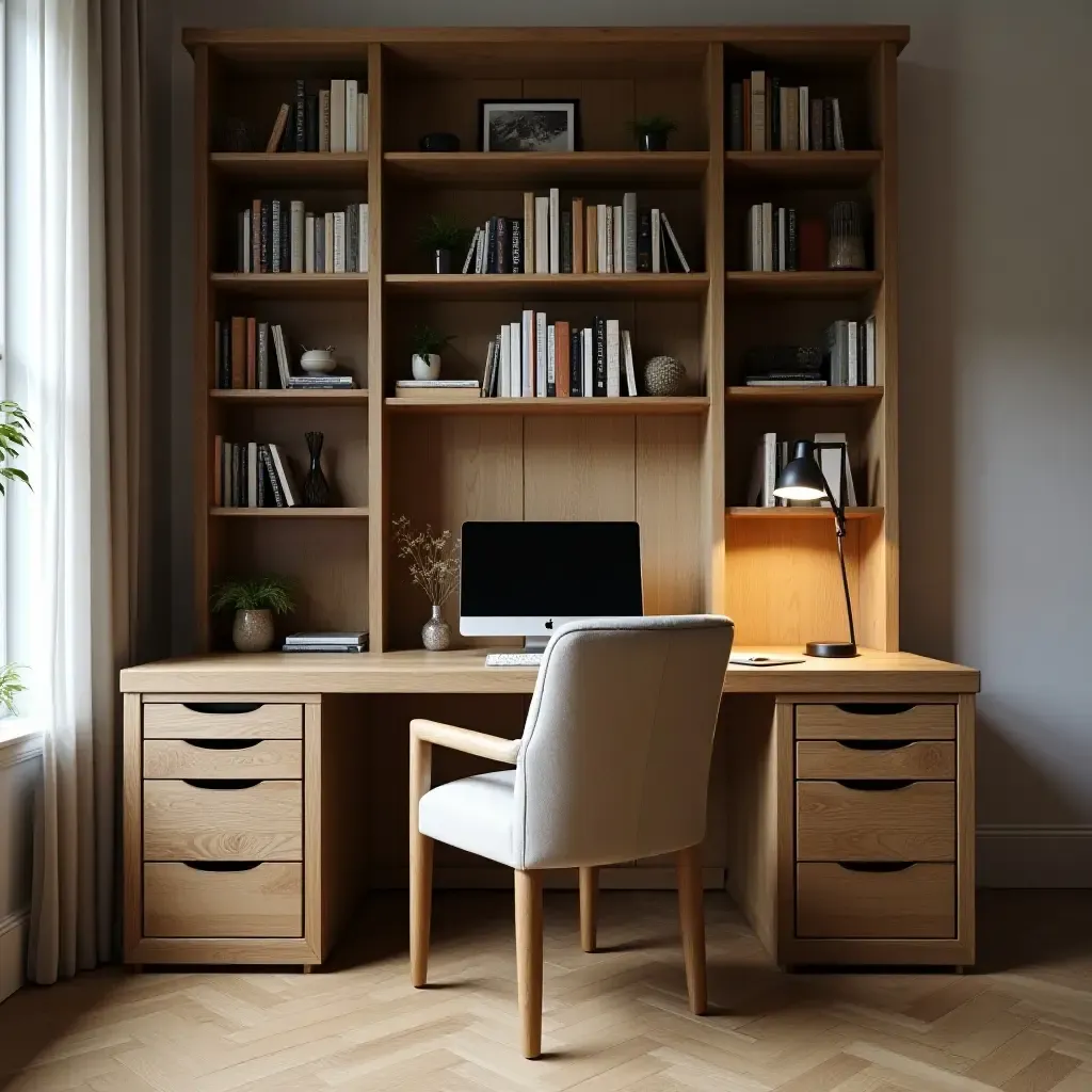 a photo of a rustic wooden desk with a comfortable chair and bookshelf