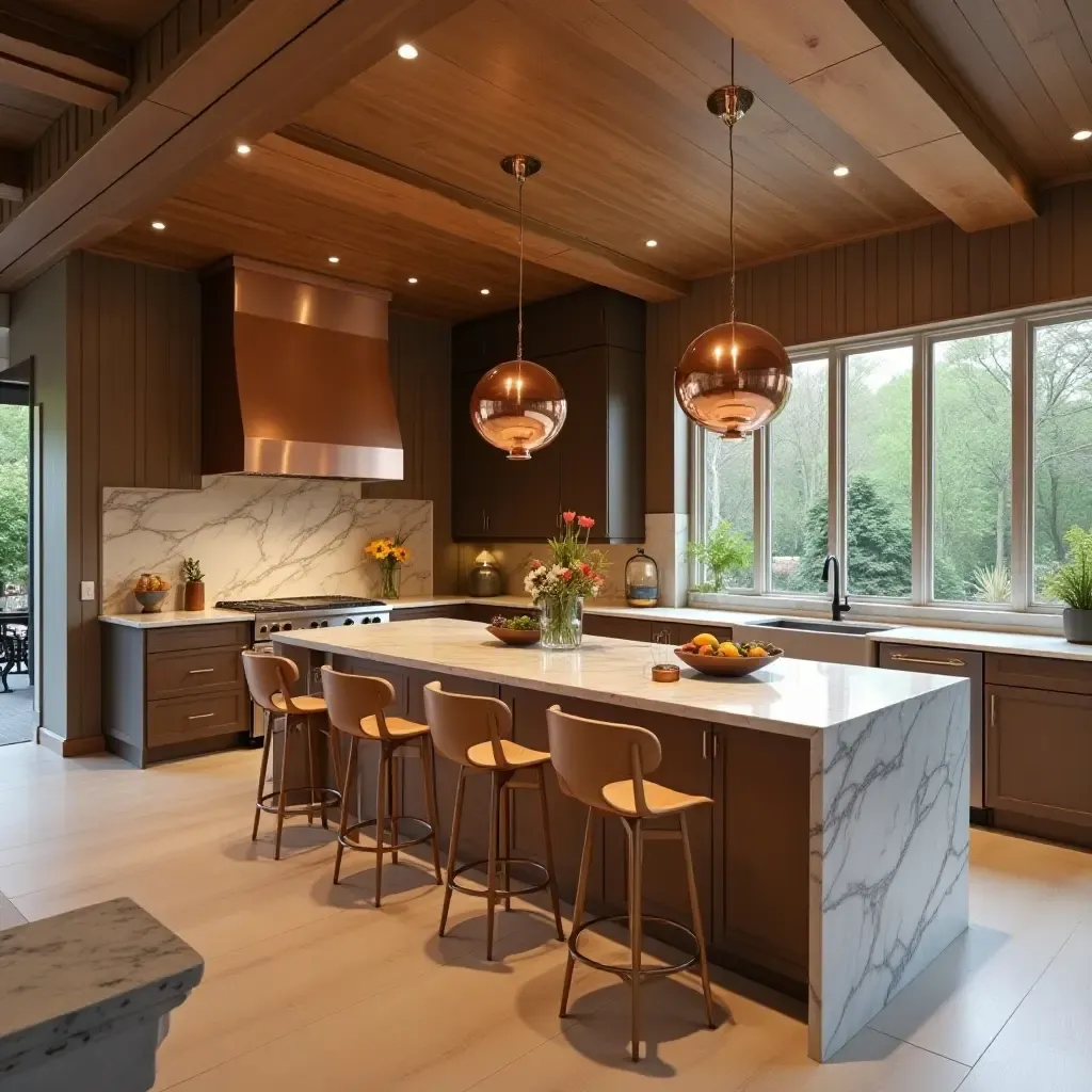 a photo of a spacious kitchen with copper detailing