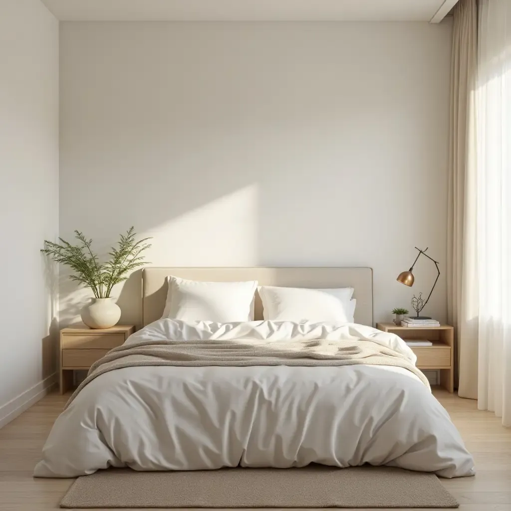 a photo of a minimalist bedroom with soft neutral colors and natural light