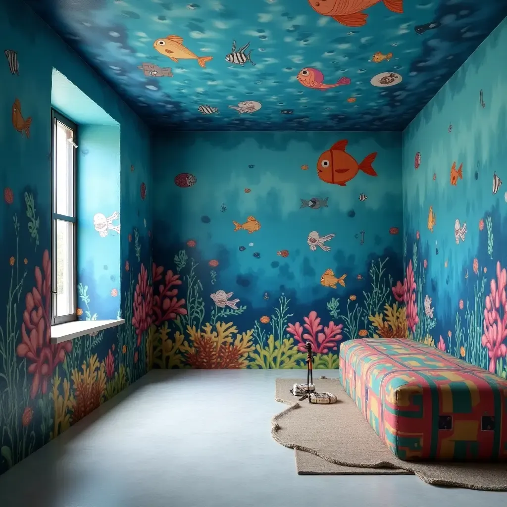 a photo of a basement with a whimsical mural depicting an underwater scene