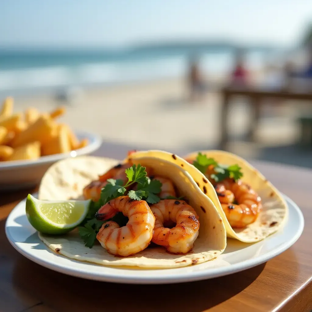 a photo of grilled shrimp tacos with lime and cilantro on a beachside table.