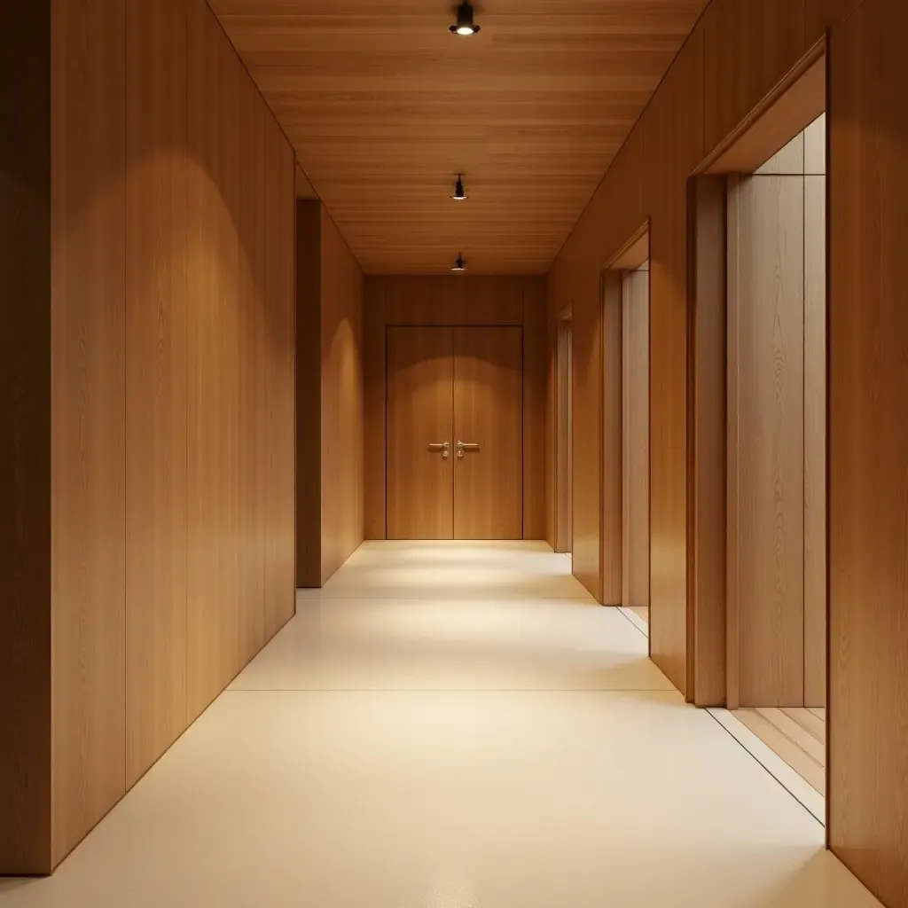 a photo of a corridor designed with natural wood elements