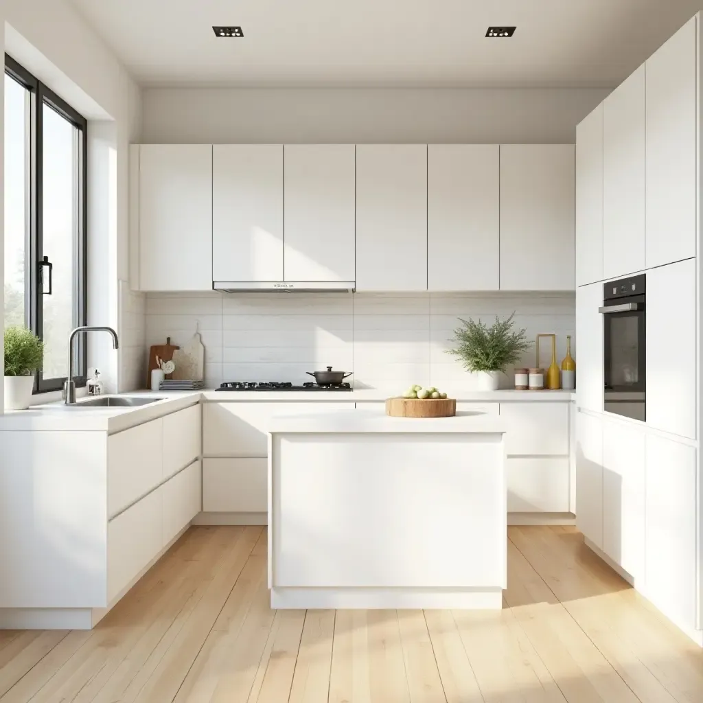 a photo of a bright kitchen featuring a combination of white and light wood tones