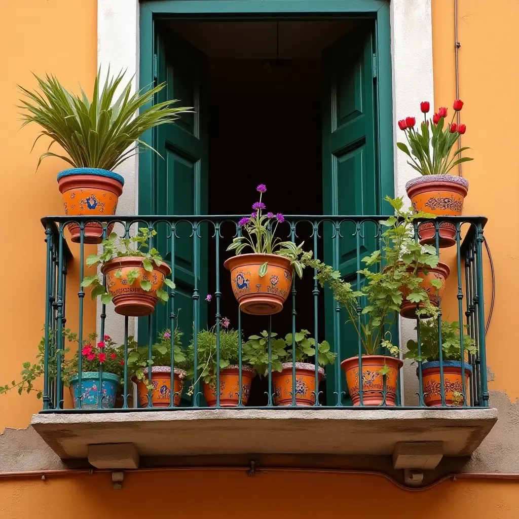 a photo of a charming balcony decorated with hanging plants and colorful Mexican pottery