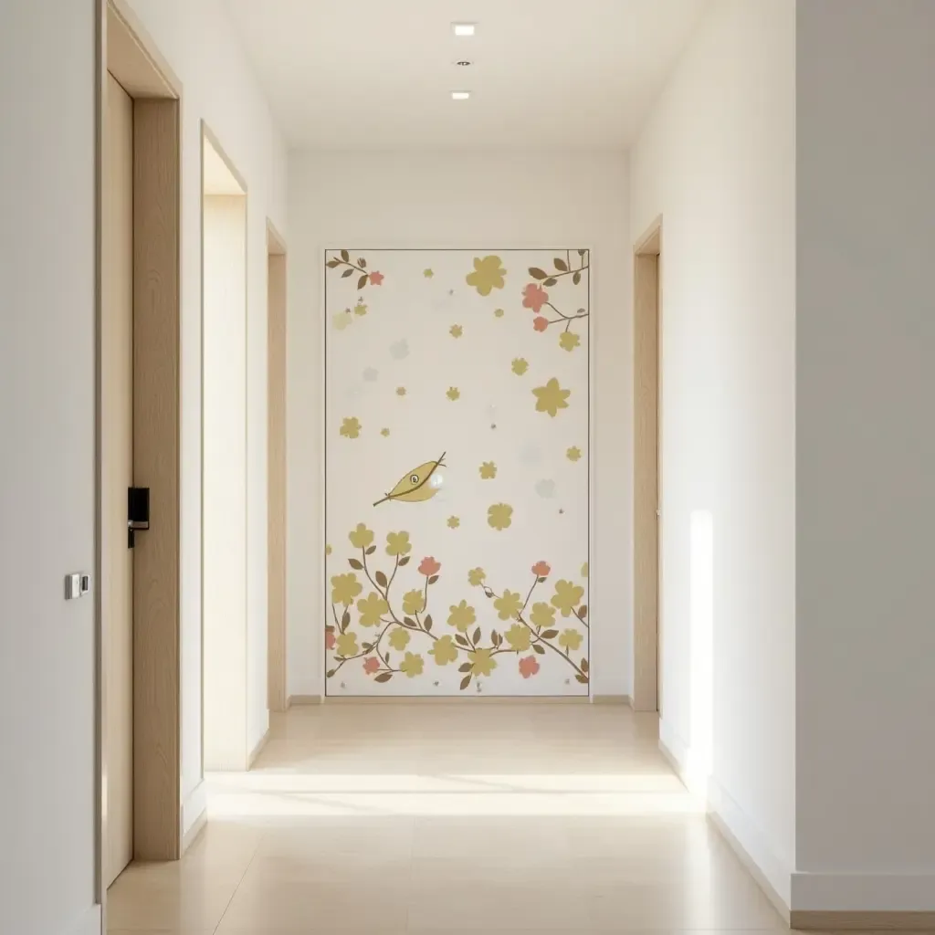 a photo of a corridor with a playful, oversized wall decal