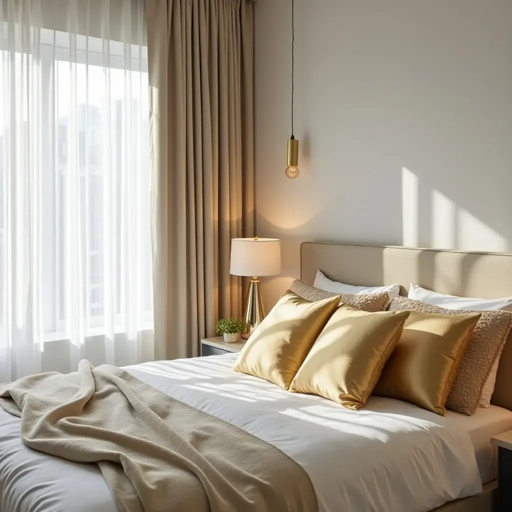 a photo of a bedroom with metallic gold accents on pillows and curtains