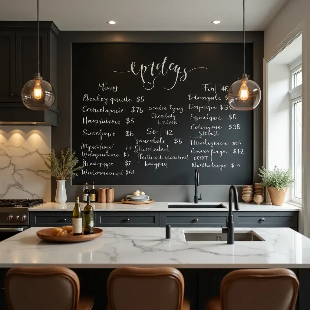 a photo of a chalkboard menu in a modern kitchen with elegant decor