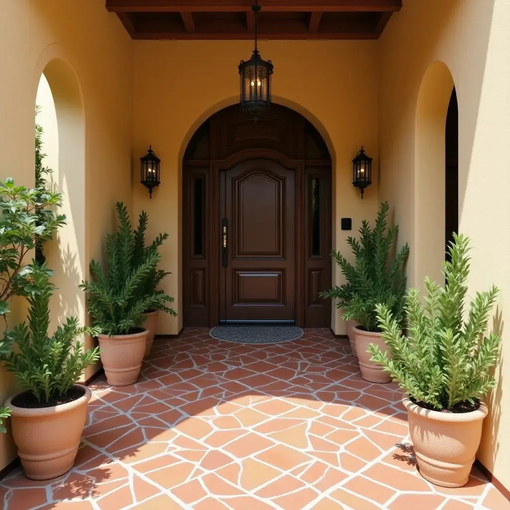 a photo of a Mediterranean-style entrance hall with terracotta tiles and vibrant potted plants