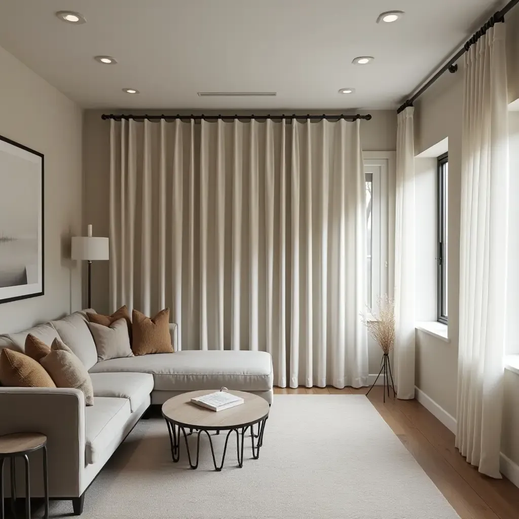 a photo of a basement with metallic curtain rods