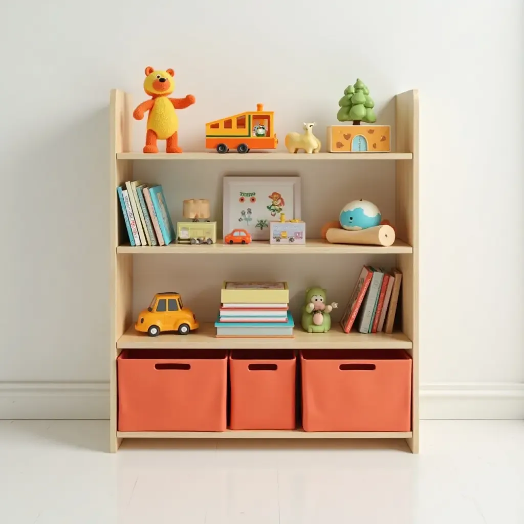 a photo of modular shelving with bright bins for kids&#x27; toys and books