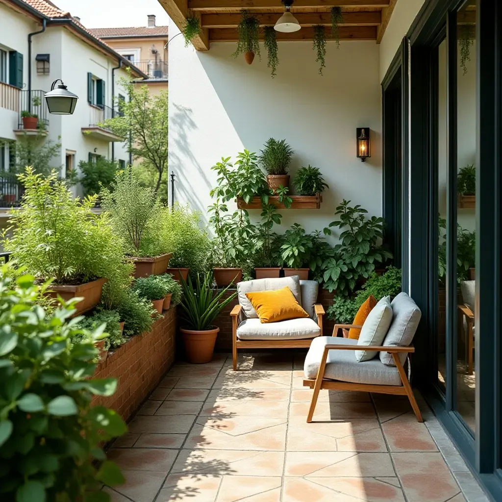 a photo of a balcony with a small herb garden and seating