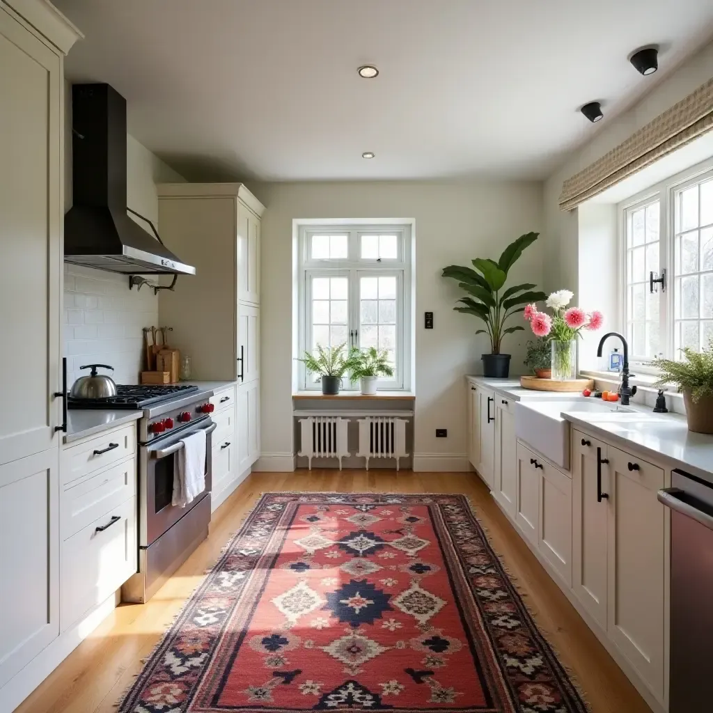 a photo of a kitchen with a colorful Mediterranean rug