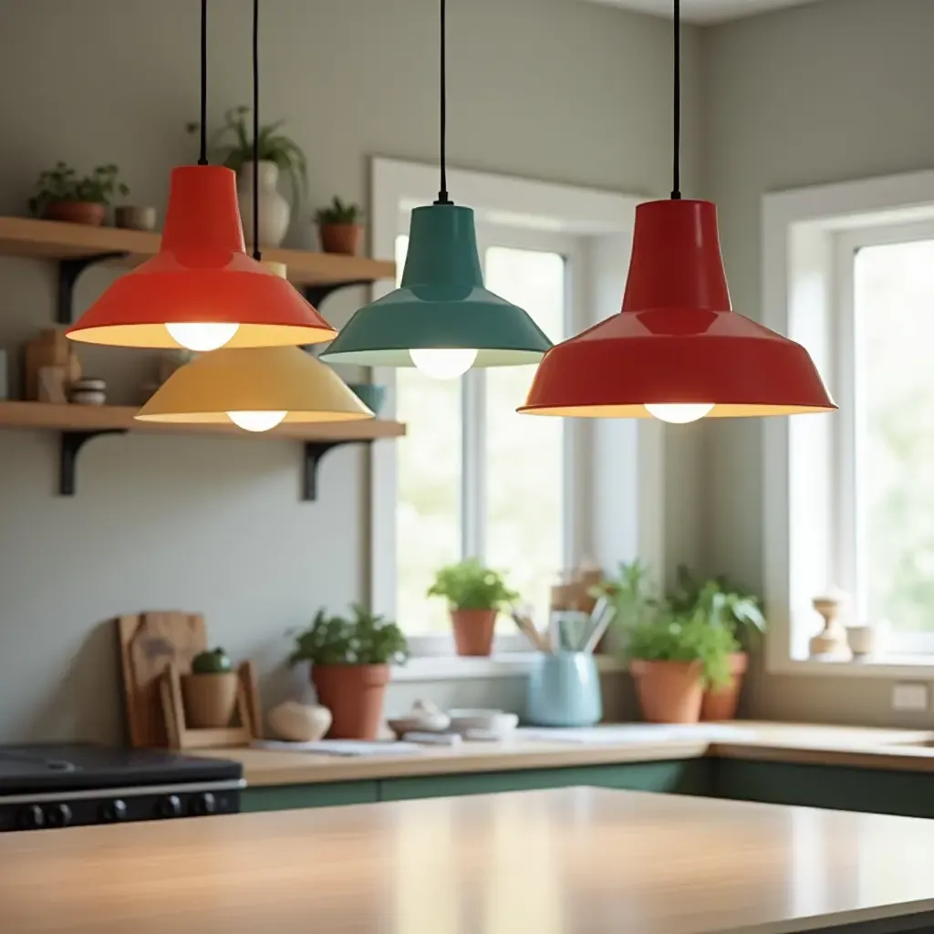 a photo of pendant lights with colorful shades in a playful kitchen