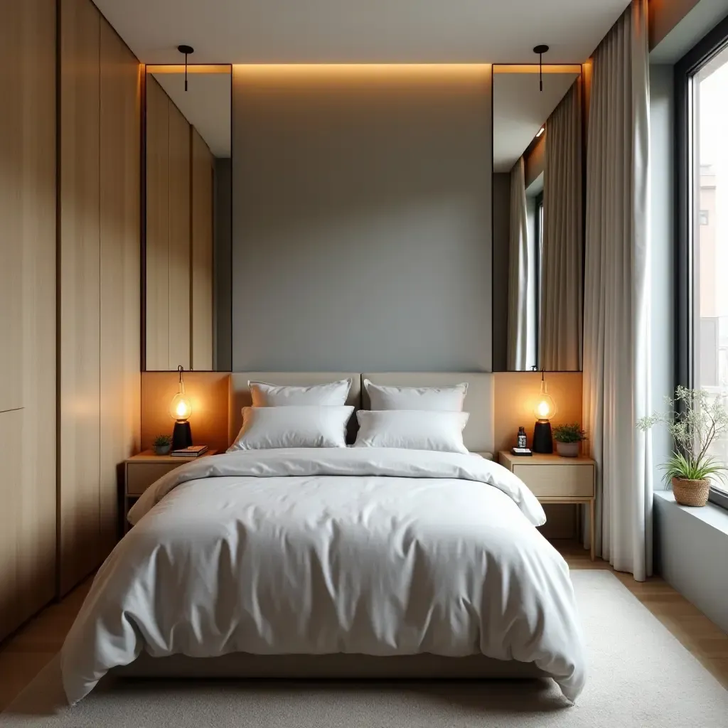 a photo of a compact bedroom with strategically placed mirrors for light