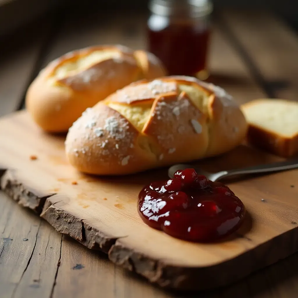 a photo of a wooden cutting board with freshly baked bread and jam