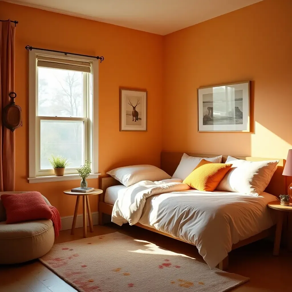 a photo of a cozy small bedroom with bright colors