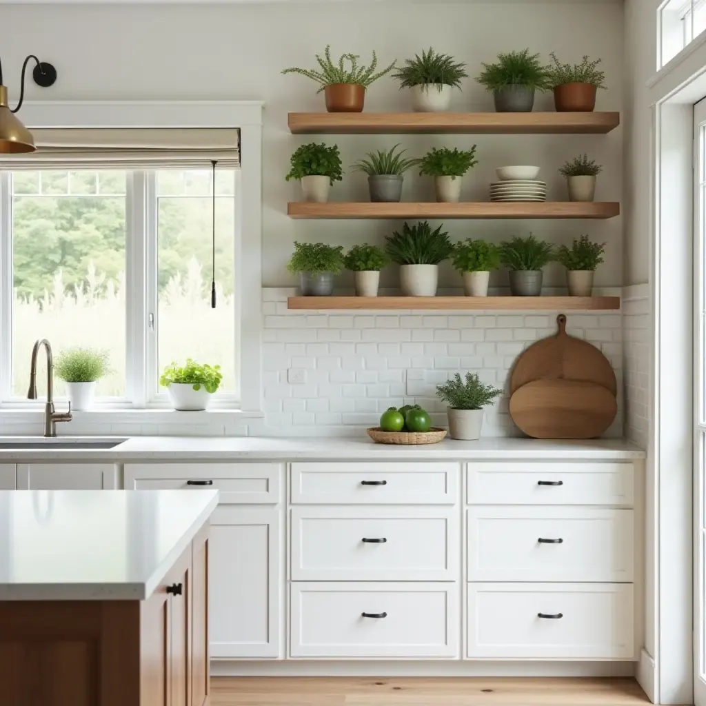 a photo of a serene kitchen with open shelving and potted herbs