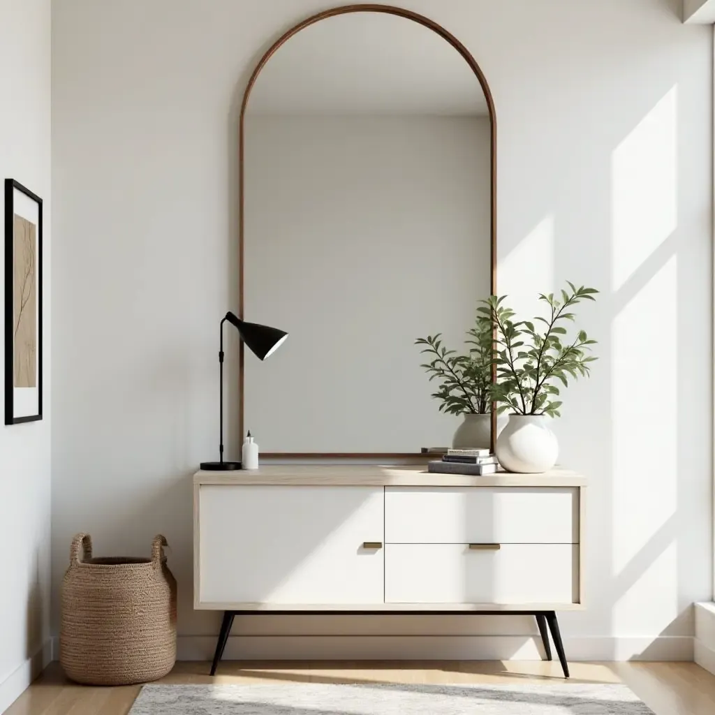 a photo of a stylish entryway with a statement mirror and welcoming decor