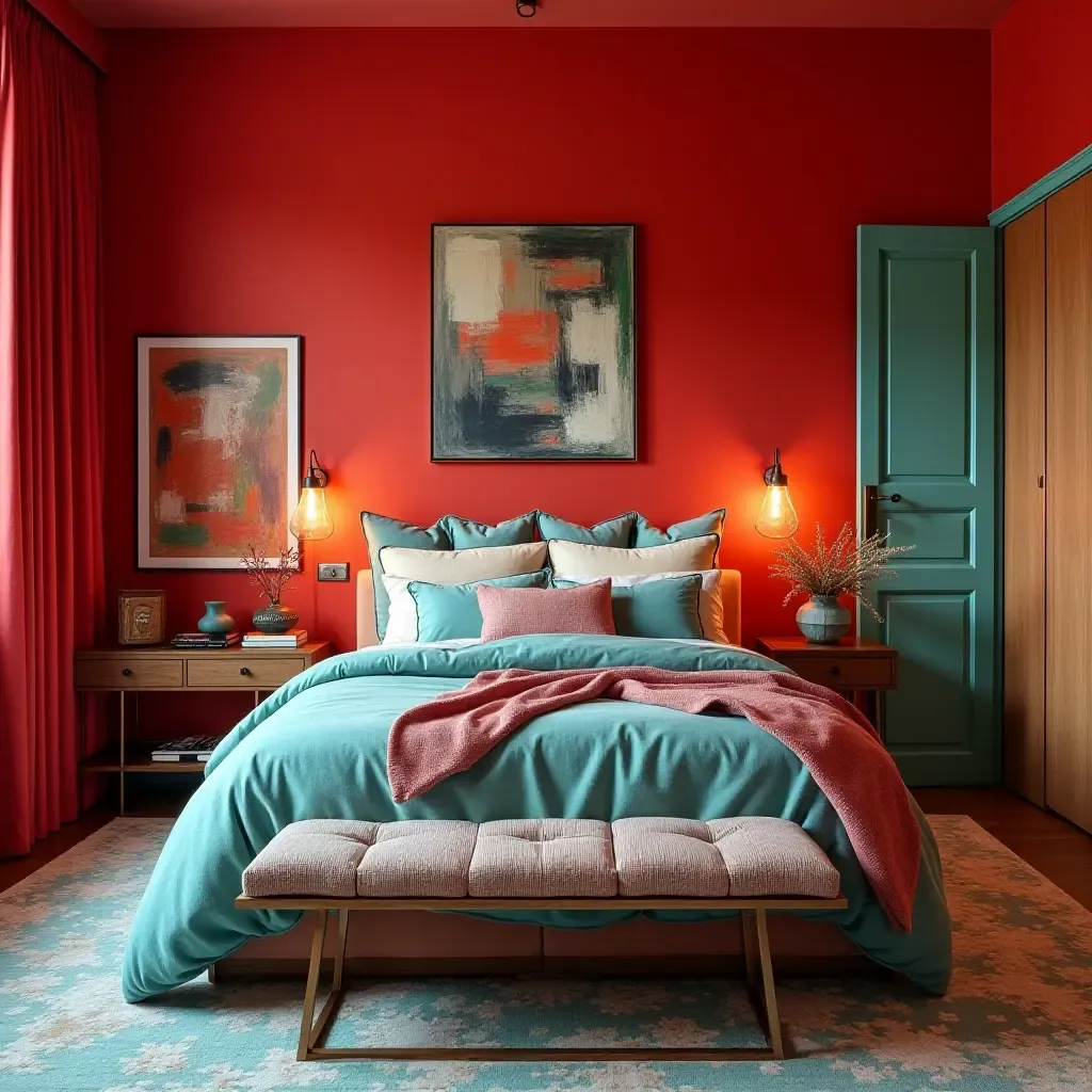 a photo of a vibrant red and turquoise bedroom with eclectic accessories