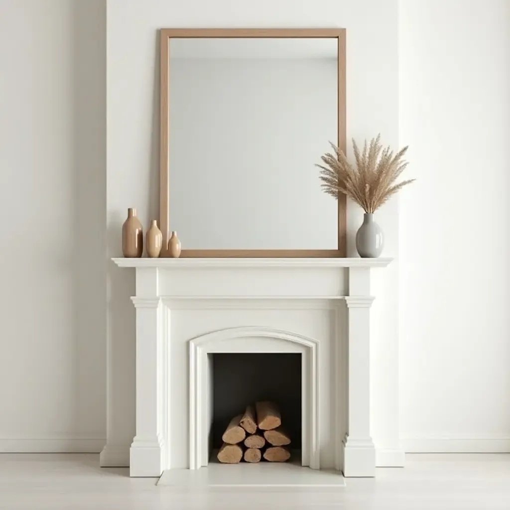 a photo of a serene mantel featuring a large mirror and calming color palette