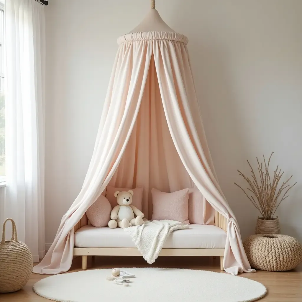 a photo of a nursery with a reading nook under a canopy of fabric