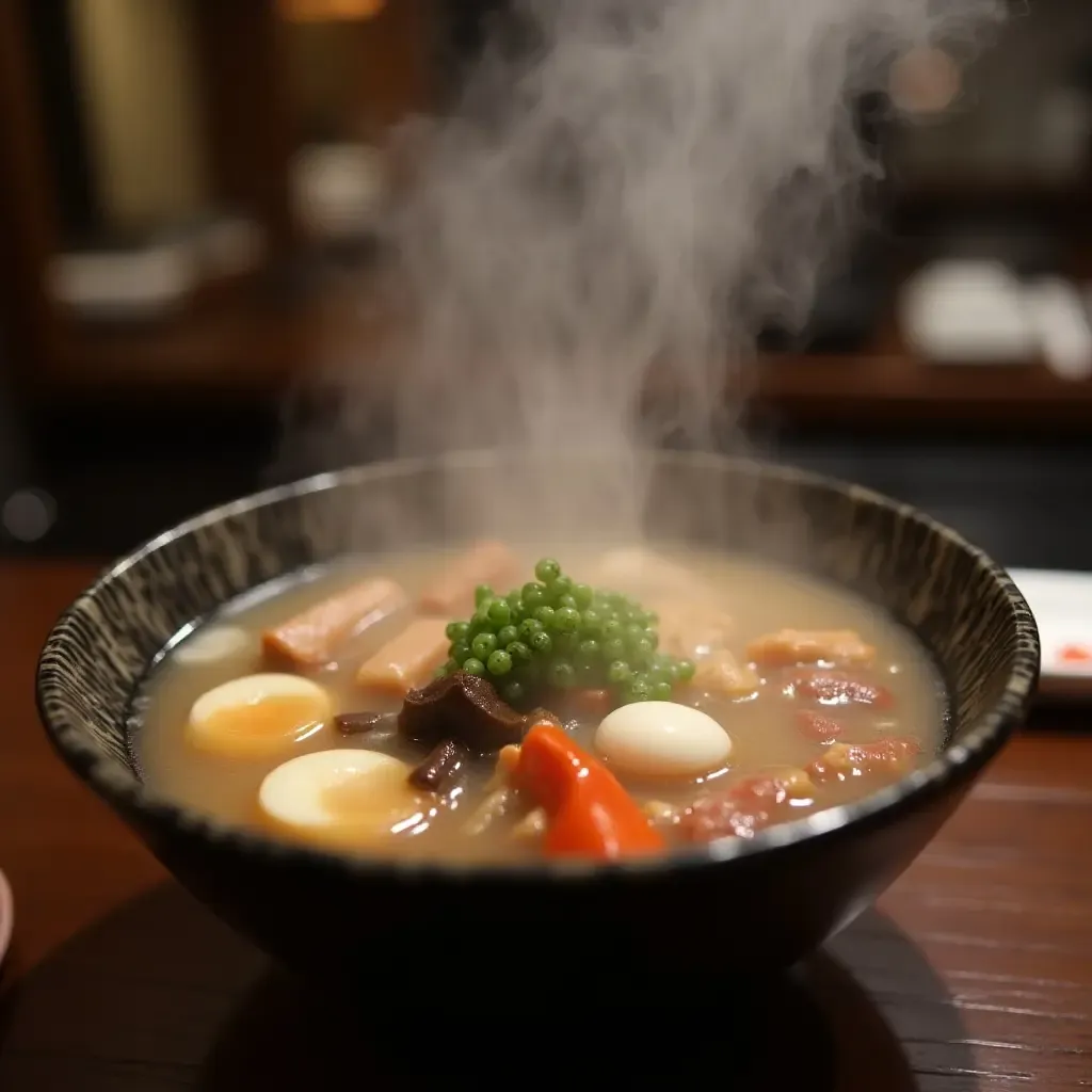 a photo of a steaming bowl of oden with assorted ingredients in a traditional Japanese kitchen.