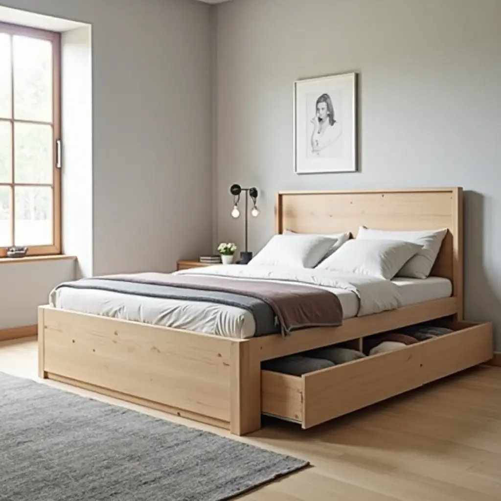 a photo of a bed with built-in drawers for efficient storage