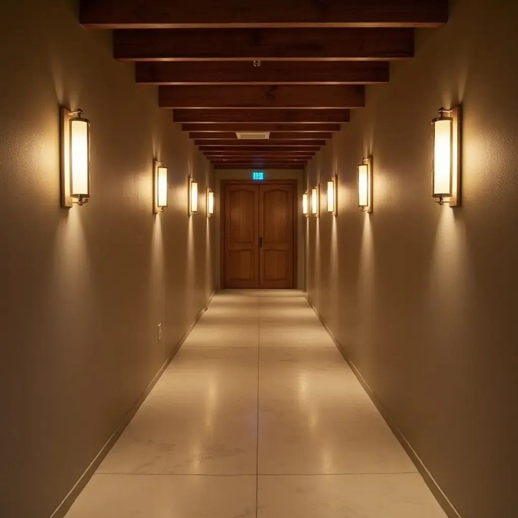 a photo of a basement with wooden light fixtures